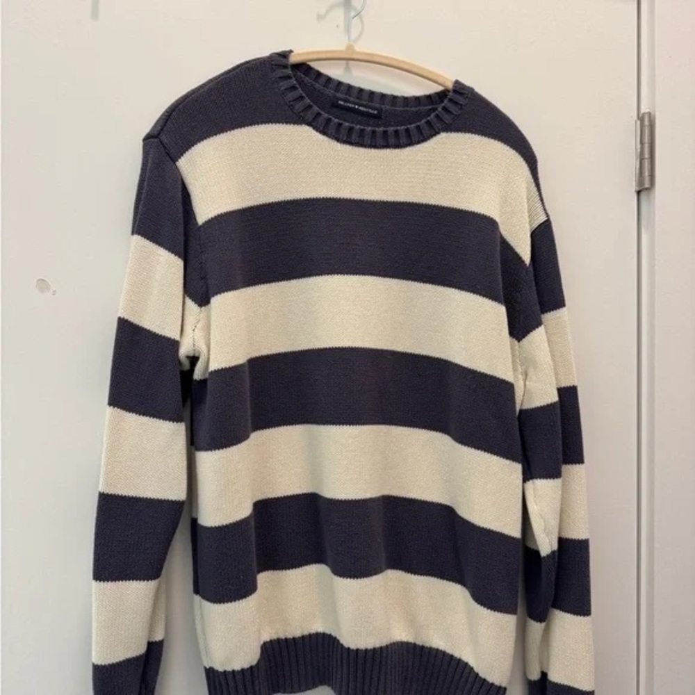 Brandy Melville Navy and Cream Striped Crewneck Sweater